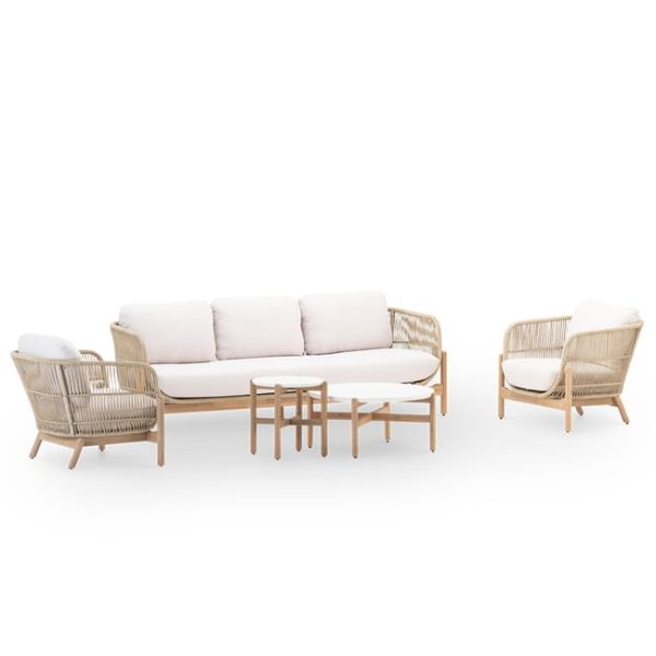 Jardim conjunto 5 lugares de madeira e corda bege e 2 mesas - Provenza