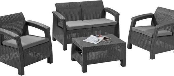 Conjunto jardim relax resina sofá mesa antracite 4 lugares Corfu Keter